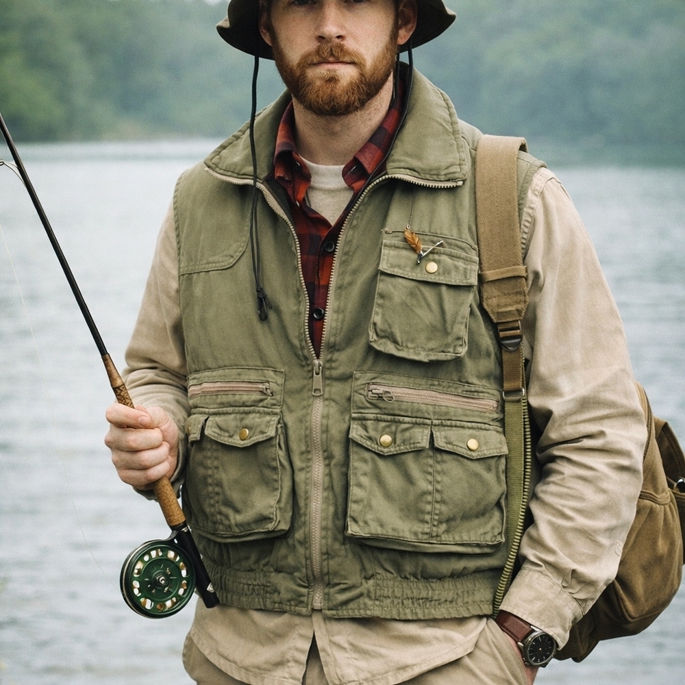 Vintage Canvas Plaid Utility Fisherman Vest Zip‎ Cargo Olive Green Mens Size S
